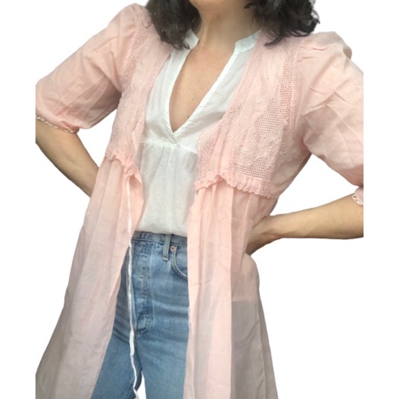 Vtg 2Pc Peignoir Set Pink Puff Sleeve Embroidered Eyelet Lace Babydoll Nightgown - Picture 16 of 17